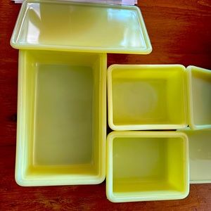Antique McKee Seville Square Yellow Refrigerator Dishes Lids Set of 3 Complete